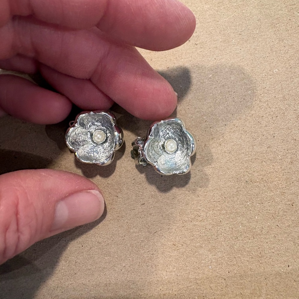 Vintage Silver Floral Earrings with Pearl Accent